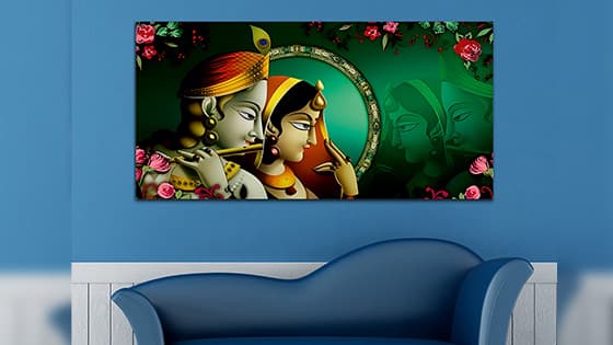 Radha Krishna Abstract Green-Pink Canvas Wall Painting (WP_0333N)