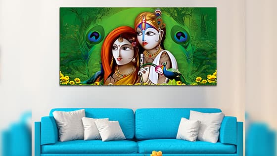 Radha Krishna Green Canvas Wall Painting (WP_0336N)