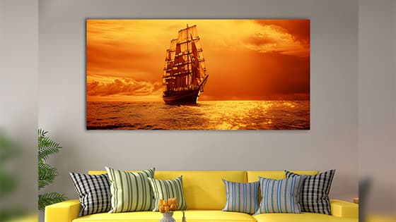 Beautiful Sunset with Boat under Lake Canvas Wall Painting (WP_0200N)
